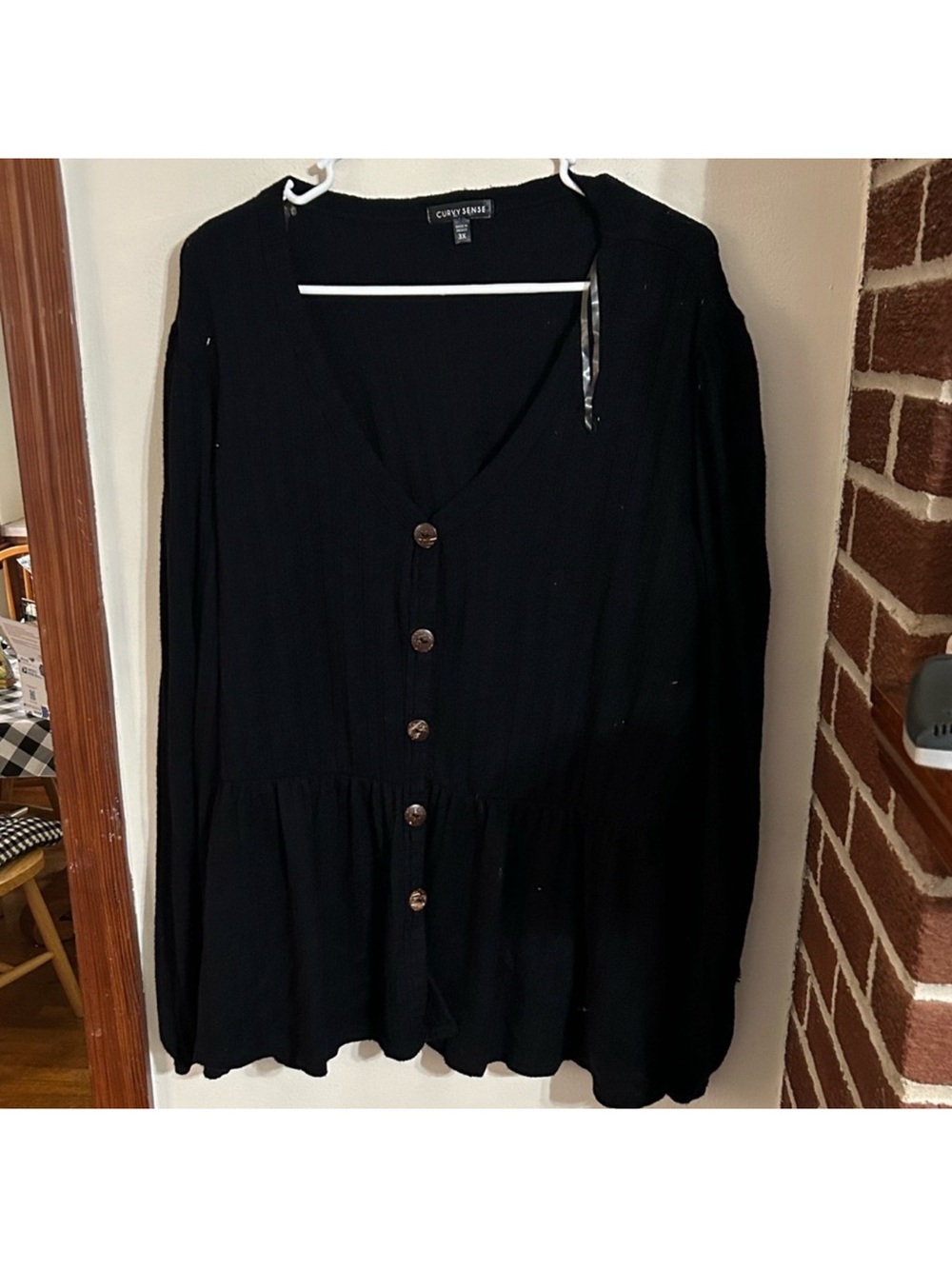 Curvy Sense Size 3x Black Button-Front Peplum Top